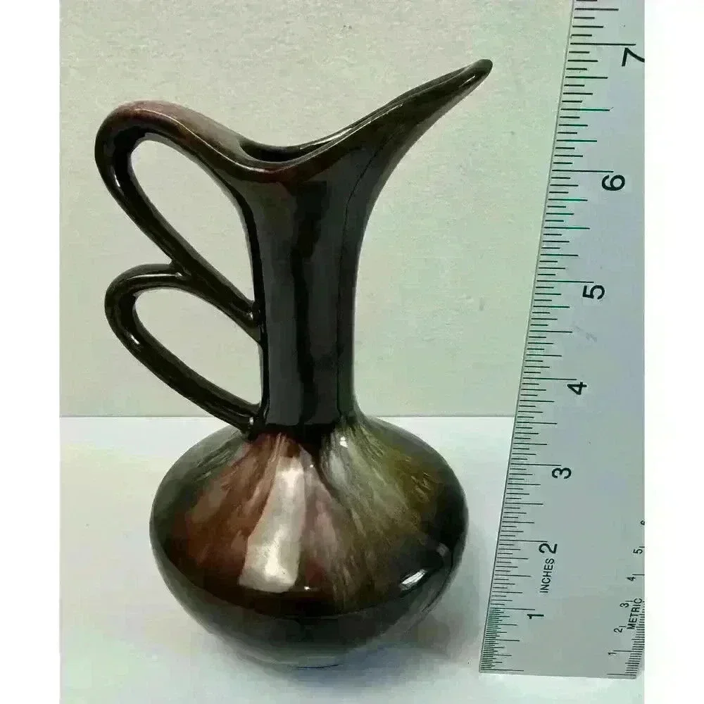 Vintage MCM Ceramic Cruet Pink Blue Gold Silver Drip Glaze Brown base Redware